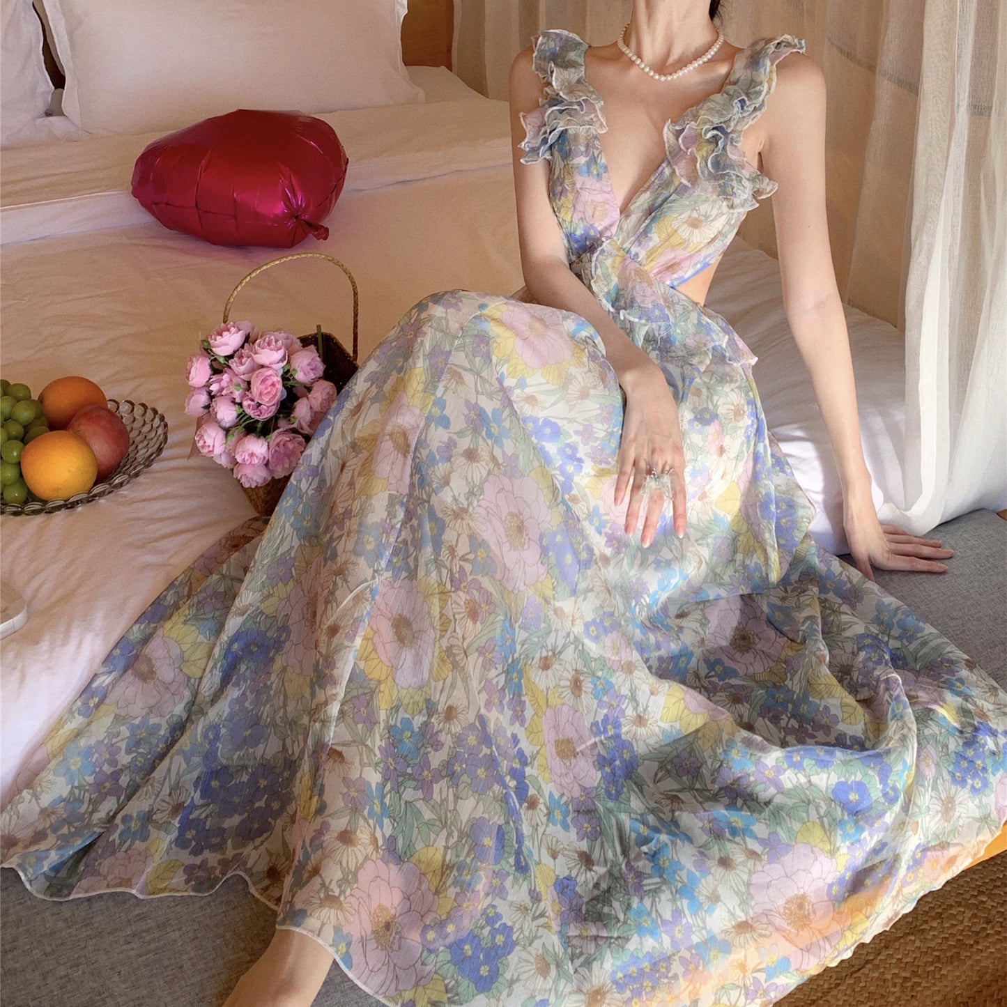 2025 coffee break summer dopamine print beautiful floral suspender dress women's seaside vacation dress beach dress
