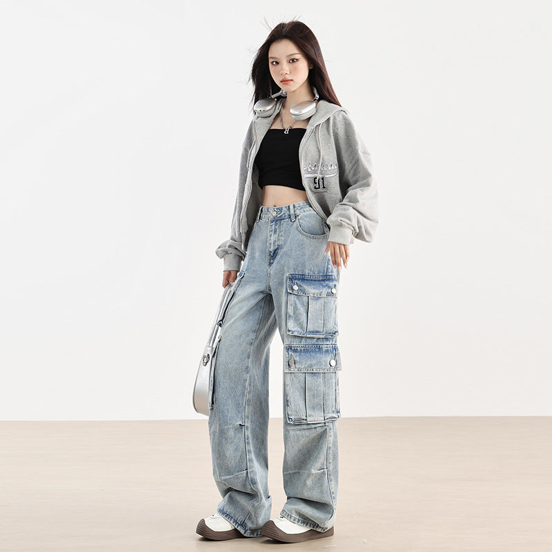 2025 n light blue multi-pocket tooling jeans women's autumn popular new high-waisted straight loose wide-leg pants