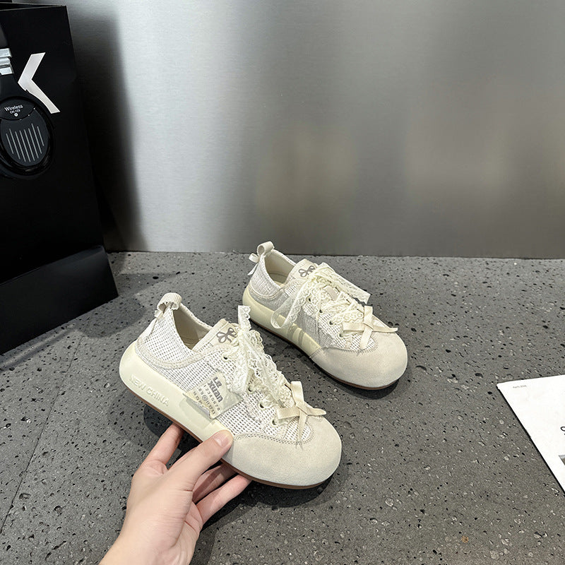 2025 Little white shoes women's popular new summer leather breathable mesh muffin casual shoes show small platform shoes