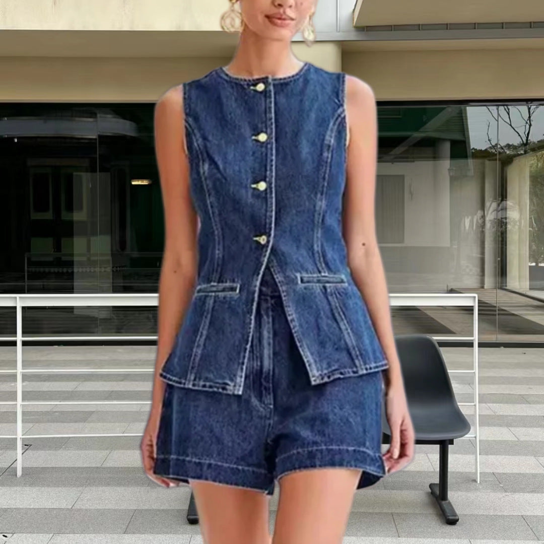 qgtao outfit inspo 2024 New Fashion Casual Single-Breasted Sleeveless Top High Waist Shorts Denim Suit