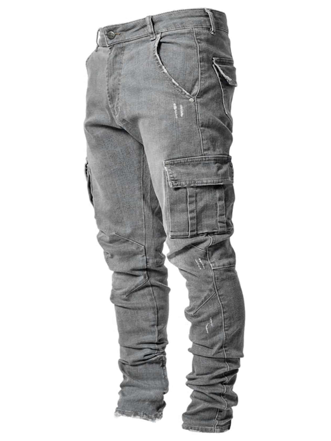 2025 Popularan Station Casual trendy men's elastic multi-bag pants Cross-border Popular trade Slim and thin denim tooling explosion