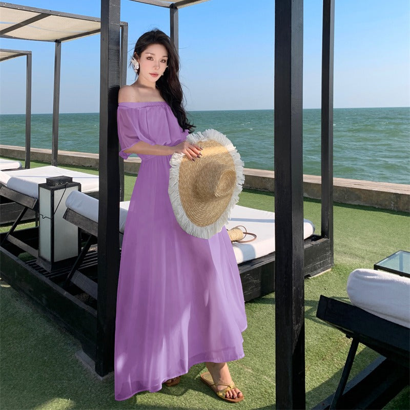 2025 Fairy beautiful one-word shoulder purple beach dress chiffon drape seaside vacation dopamine dress super fairy wear