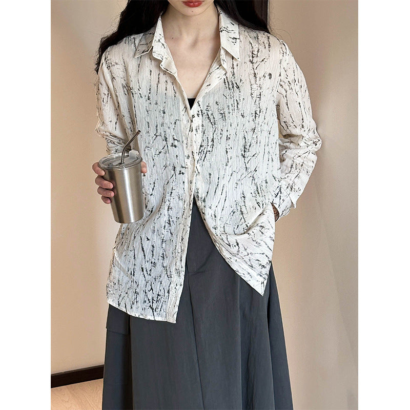 2025 Korean temperament retro ink printing shirt women's 2025 spring loose and thin top 3009