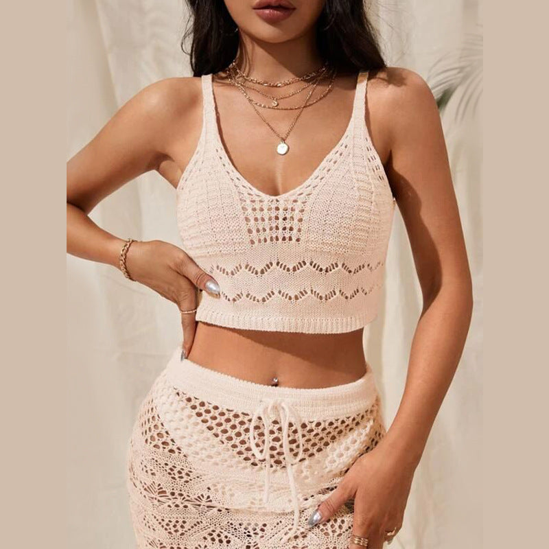 2025 summer new beach suit women's solid color sexy knitted hollow beach bikini swimsuit outer suit