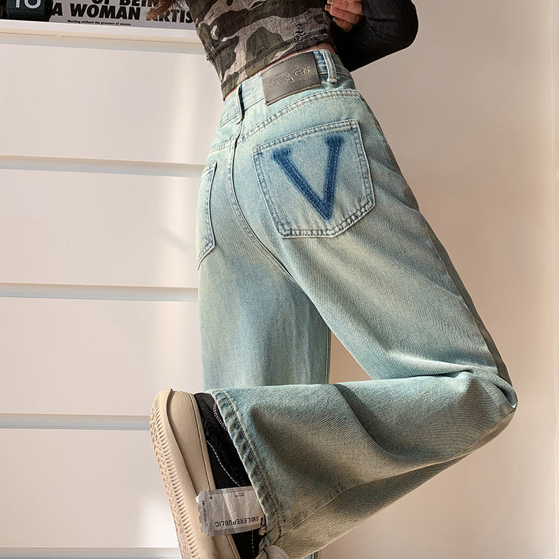 2025 Light-colored jeans women's spring and autumn popular new high-waisted loose straight-leg small narrow version mopping wide-leg pants