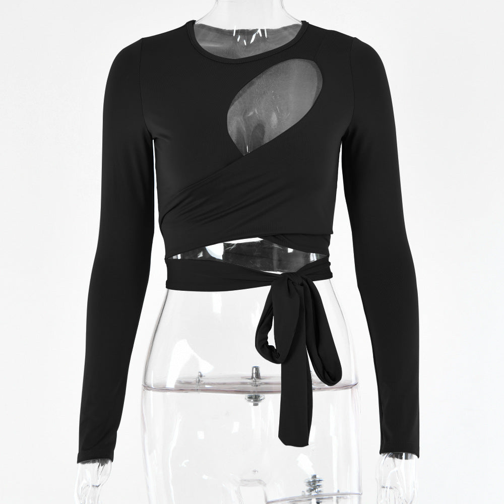 2025 style ins hot-selling women's clothing summer new sexy open-button top, light hollow chest wrapping strap crew neck T-shirt