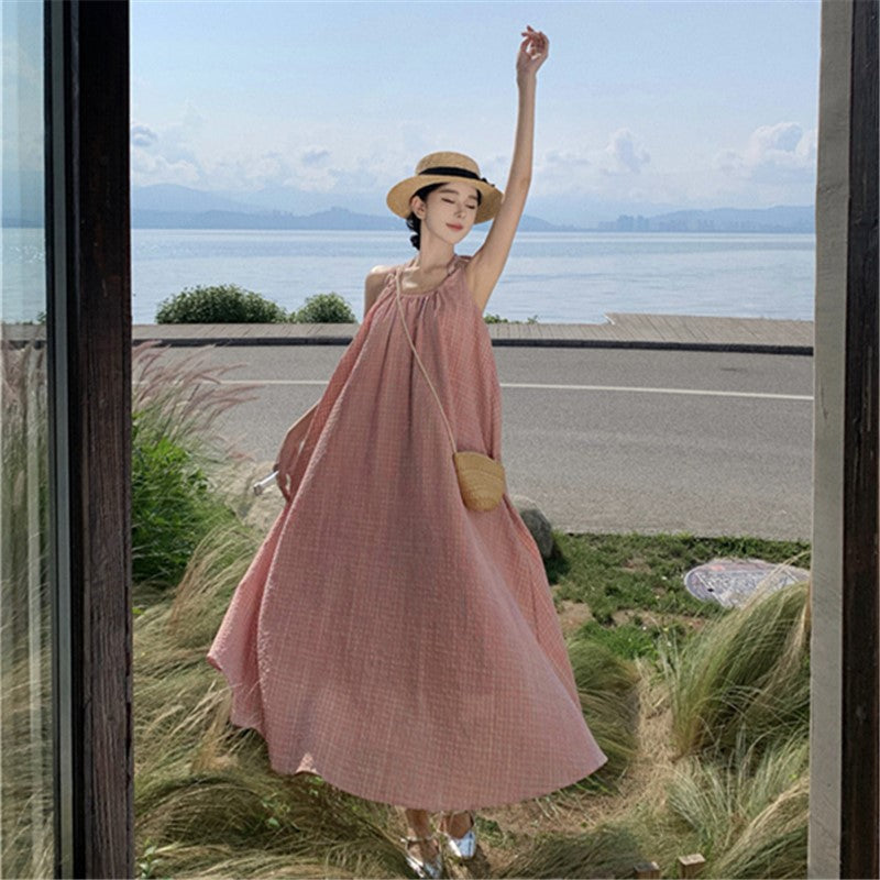 2025 Pink color plaid neck dress women's summer small man pure desire wind sexy backless vacation wind suspender skirt