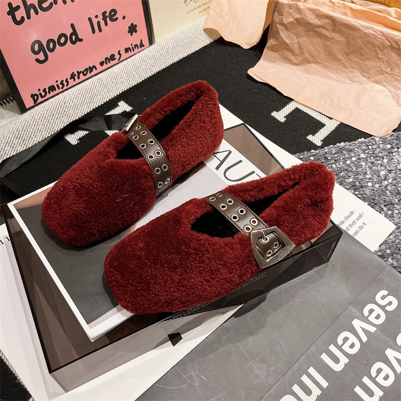2025 Korean version of one-word Mary Jane autumn and winter new Doudou women's shoes plush flat-soled fluffy shoes single shoes cotton ladyshoes
