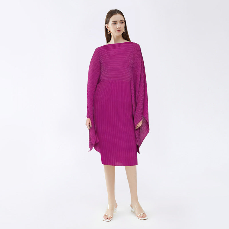 Solid color V-neck dress women's 2025 spring new Middle East loose temperament one-sleeved pleated medium and long skirt