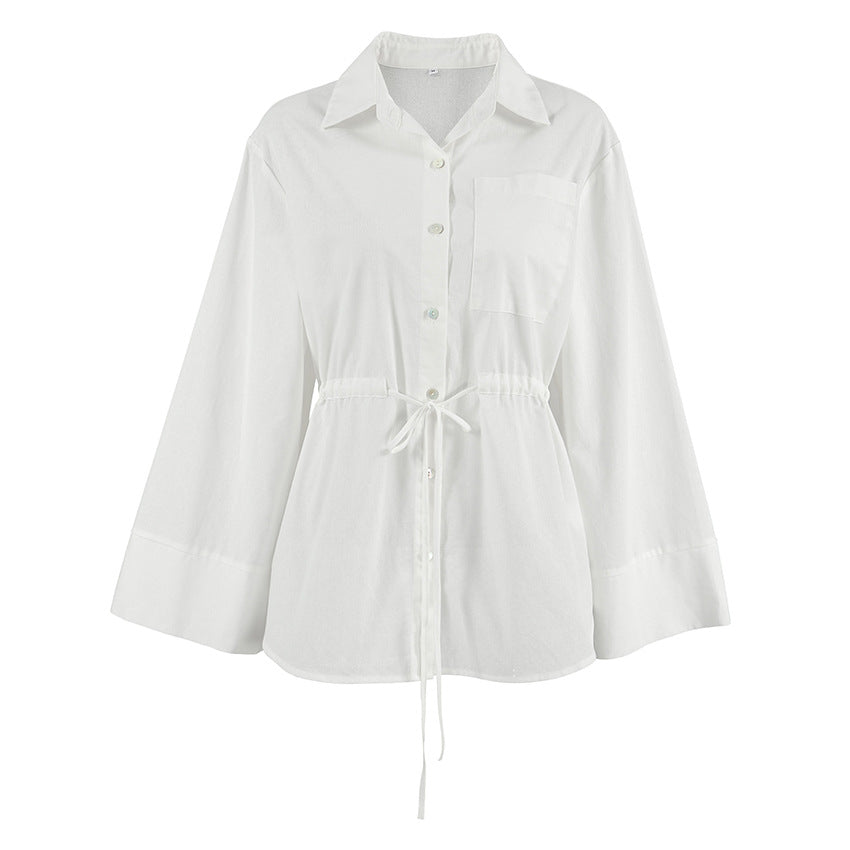 2025 Popularan, n spring and summer fashion simple design sense white cotton and linen loose lapel tie niche versatile women's shirt