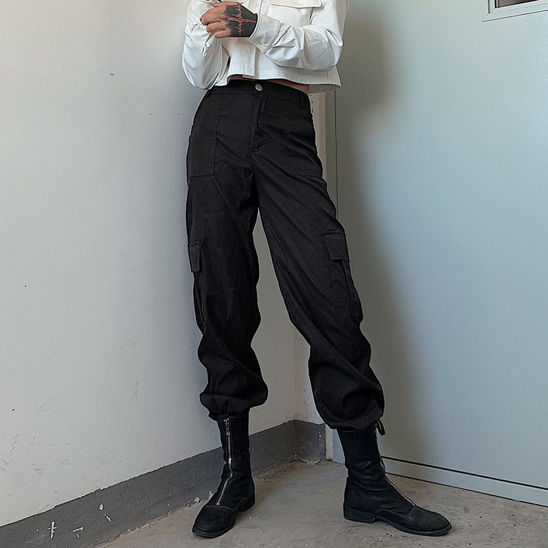 qgtao going out outfits Street Retro High Waist Slimming Large Pocket Drawstring Overalls Straight Casual Pants Ankle-Tied Pants Trousers for Women