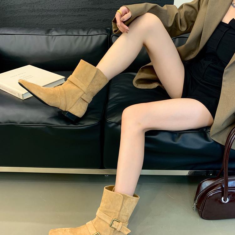 2025 popular new autumn Korean version suede belt buckle short boots thick heel mid heel boots brown western cowboy boots