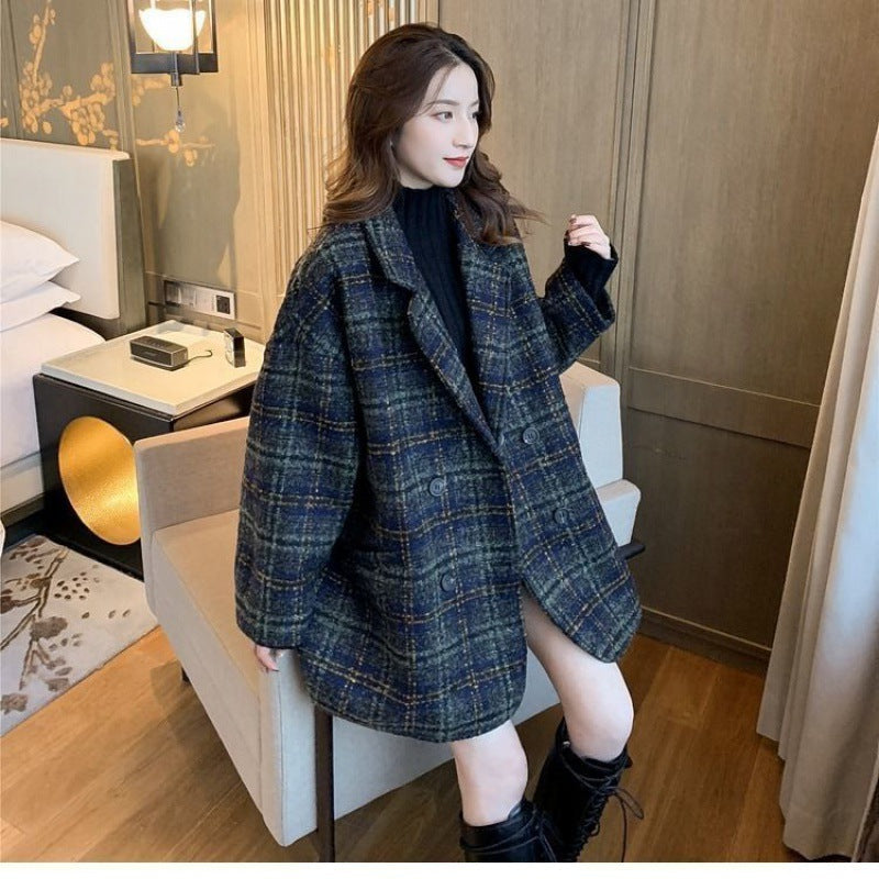 qgtao Plaid Mid-Length Thickened Women's Autumn and Winter New Chanel Style High-Grade Loose Woolen Coat Suit Jacket for Women