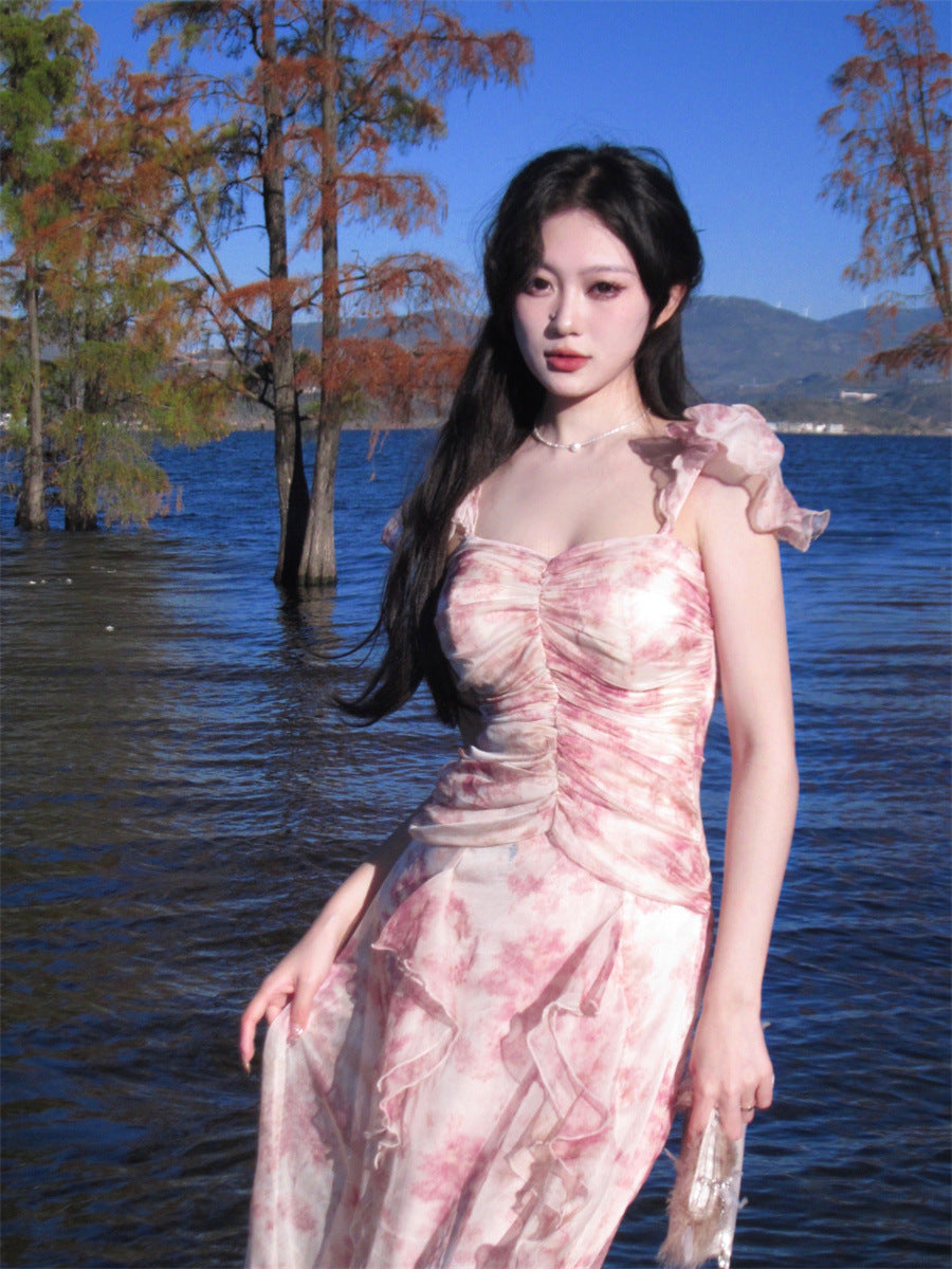 2025 sexy pure desire temperament one-word shoulder suspender floral vacation dress female superfairy lotus leaf edge chiffon skirt