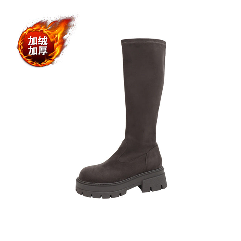 2025 But knee suede boots children thick-soled autumn and winter new thin elastic long tube thin boots flat knight boots