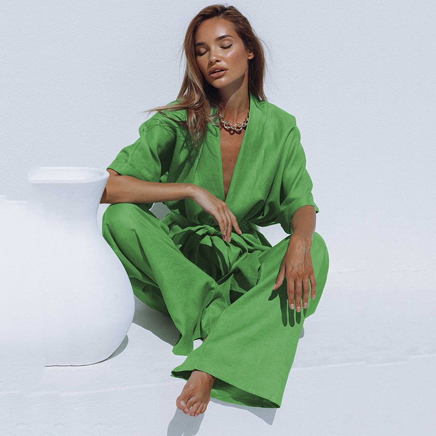 2025 popular summer new fashion suit cotton and linen short-sleeved trousers two-piece belt design casual women's clothing