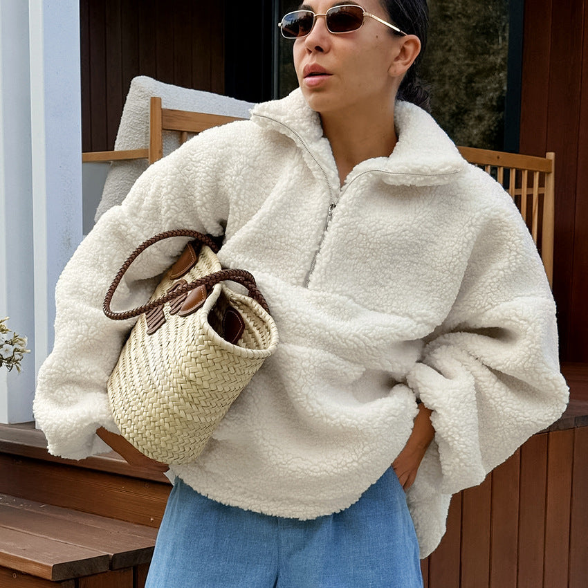 2025 Autumn and winter personalized fashion beige knitted casual lamb wool small stand-up collar lantern sleeve New plush loose sweater women