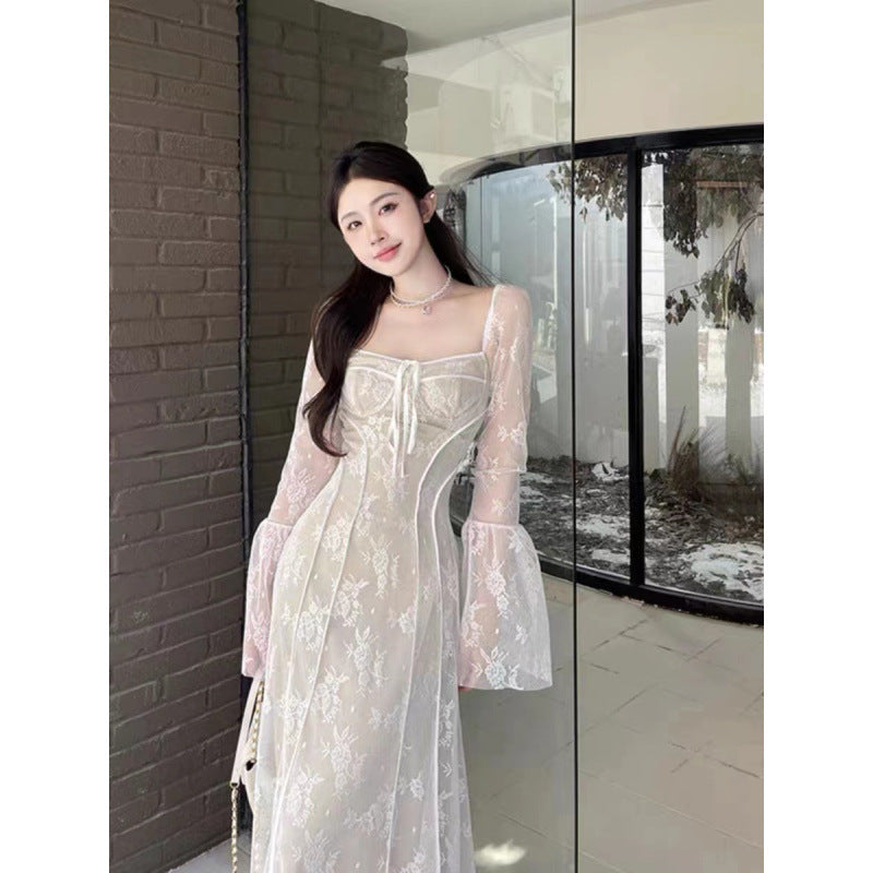 Sexy Knitted Lace Dress Femininity Mesh Fishtail Dress Bottom Long Dress 2025 Spring New