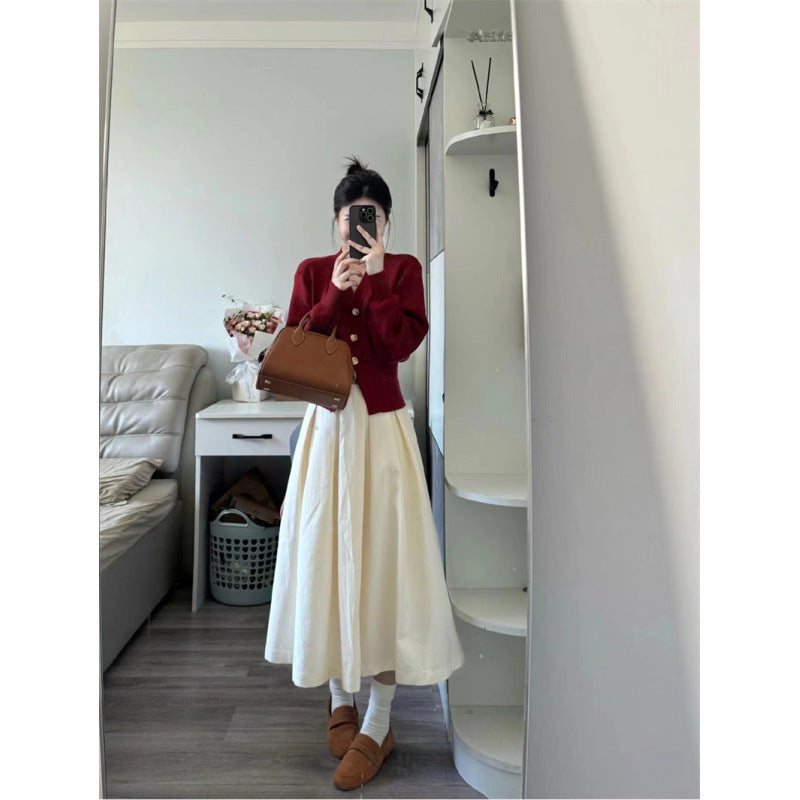 Temperament red collar long-sleeved knitted sweater women's autumn new  high-waisted skirt fashion suit women's trend