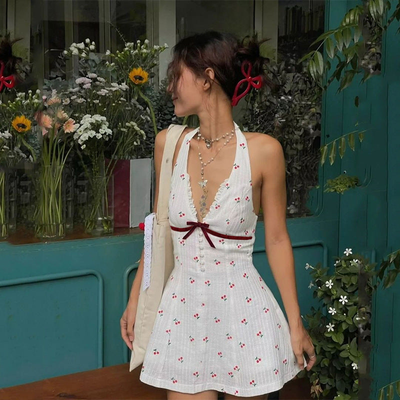 qgtao summer outfits inspo INS Style 2024 Summer New Sweet and Spicy Deep V Breasted Backless Cherry Print Waist-Tight Halter Dress Women
