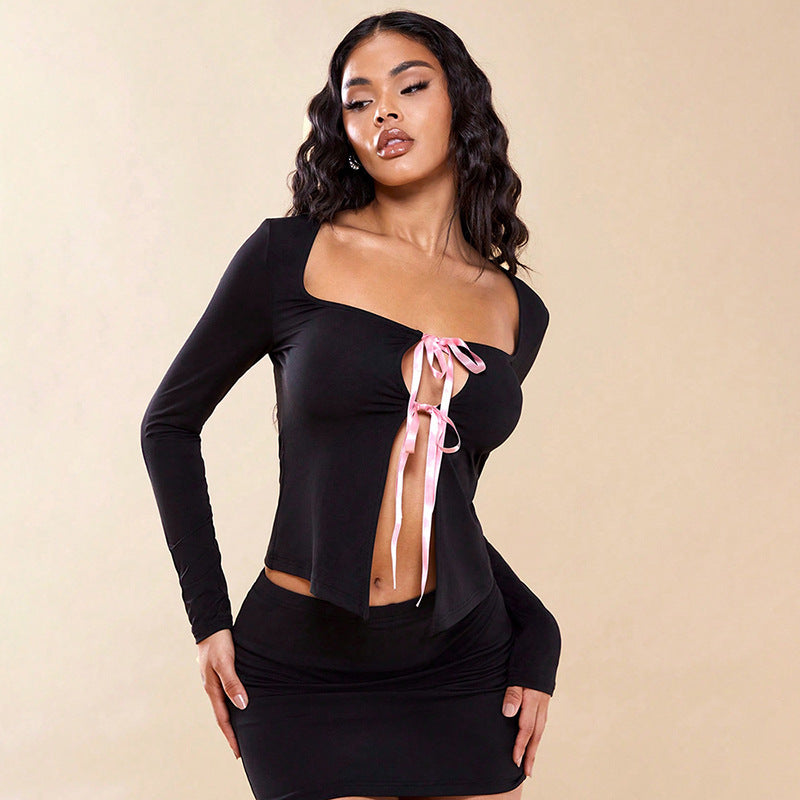 qgtao 2000s fashion Women's Spring New round Neck Trapezoidal Collar Long Sleeve Bow Tied Rope Cardigan T-shirt Top