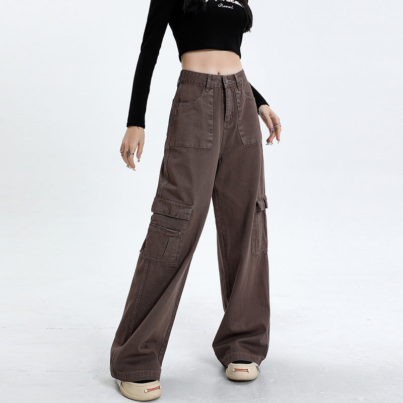 2025 Apricot n tooling multi-pocket jeans women's spring and summer popular new high-waisted loose straight wide-leg pants
