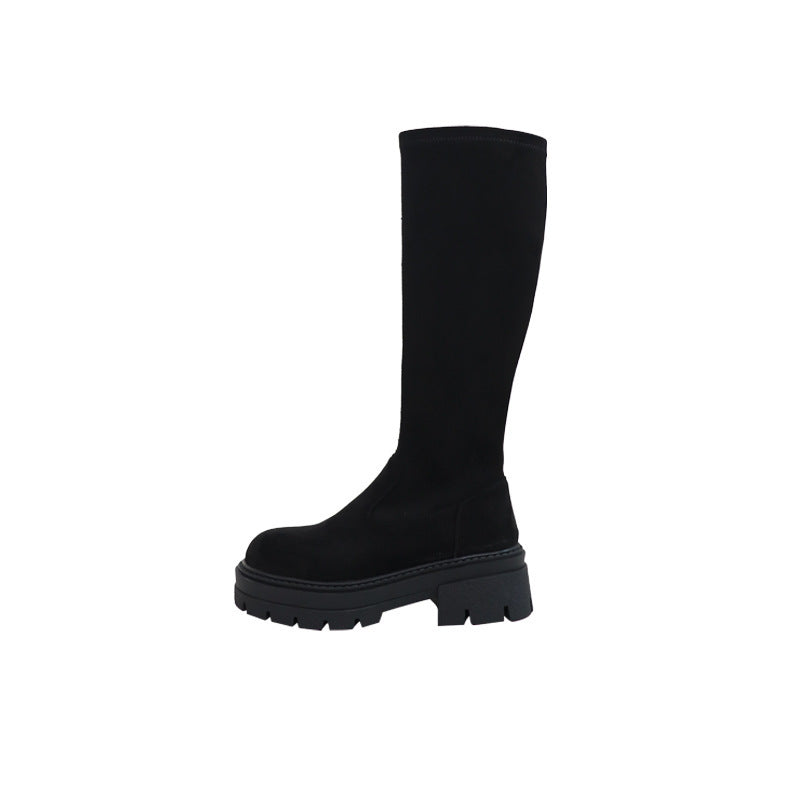 2025 But knee suede boots children thick-soled autumn and winter new thin elastic long tube thin boots flat knight boots