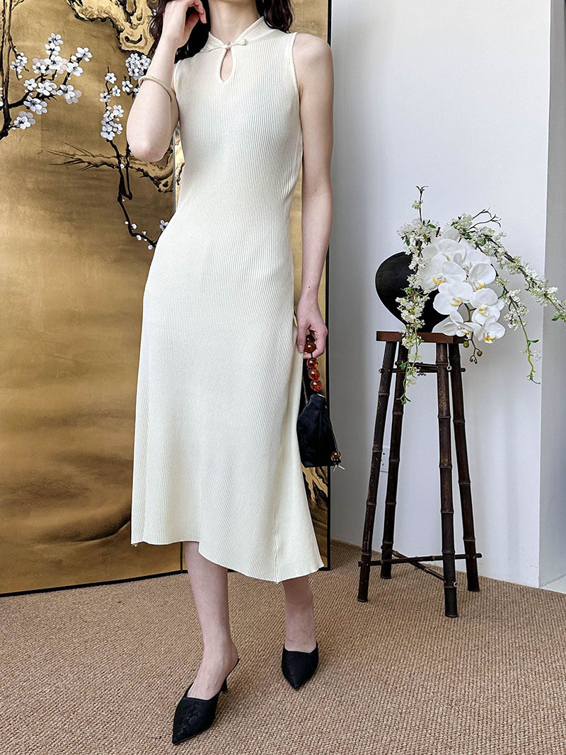 2025 popular spring and summer new Chinese retro buckle knitted dress female slim and thin long dress 511-1