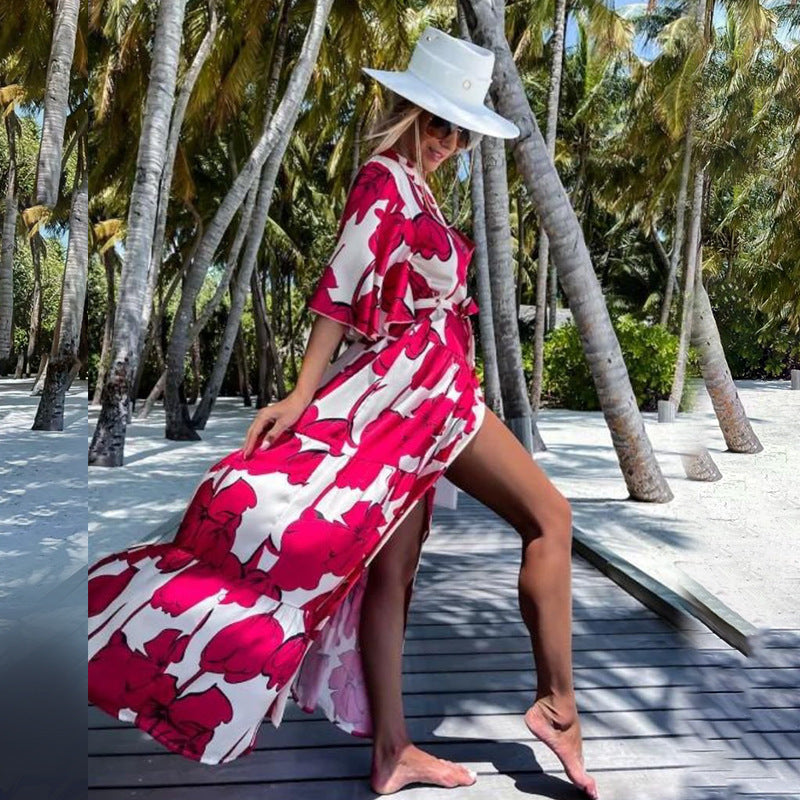 2025 summer new beach with leisure vacation printed beach bikini swimsuit blouse sunscreen cardigan