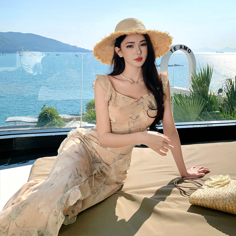 2025 gentle wind ruffle leaf edge floral suspender dress women's summer waist seaside vacation fishtail hip wrap dress