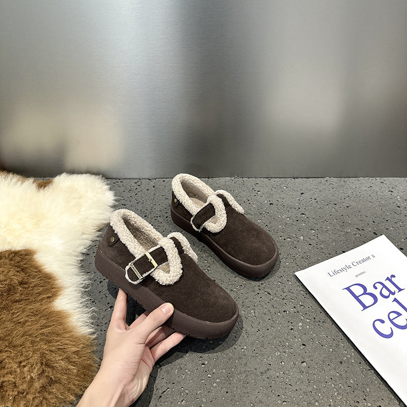 2025 Leather Birkenstocks women's autumn and winter velvet Mori retro one-pedal lamb wool shoes women wear flat cotton shoes in winter