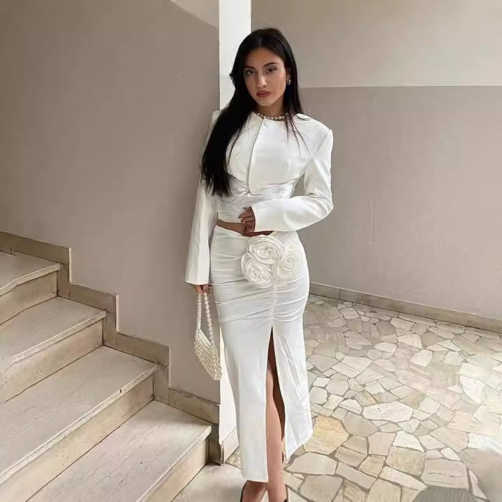 qgtao classy demure mindful dress to impress 2024 Autumn New Elegant Socialite Pleated Waist Design Top Rose Modified Hip Skirt Two-Piece Set for Women