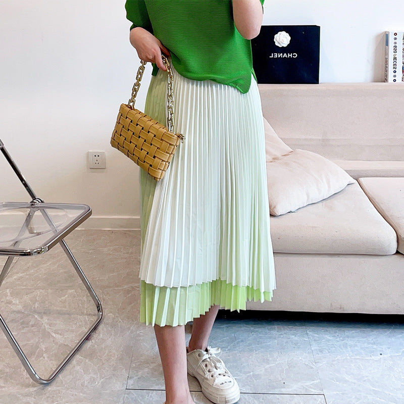versatile a-word thin skirt women's spring and summer fashion high-end contrasting colors irregular pleated umbrella skirt pleated skirt