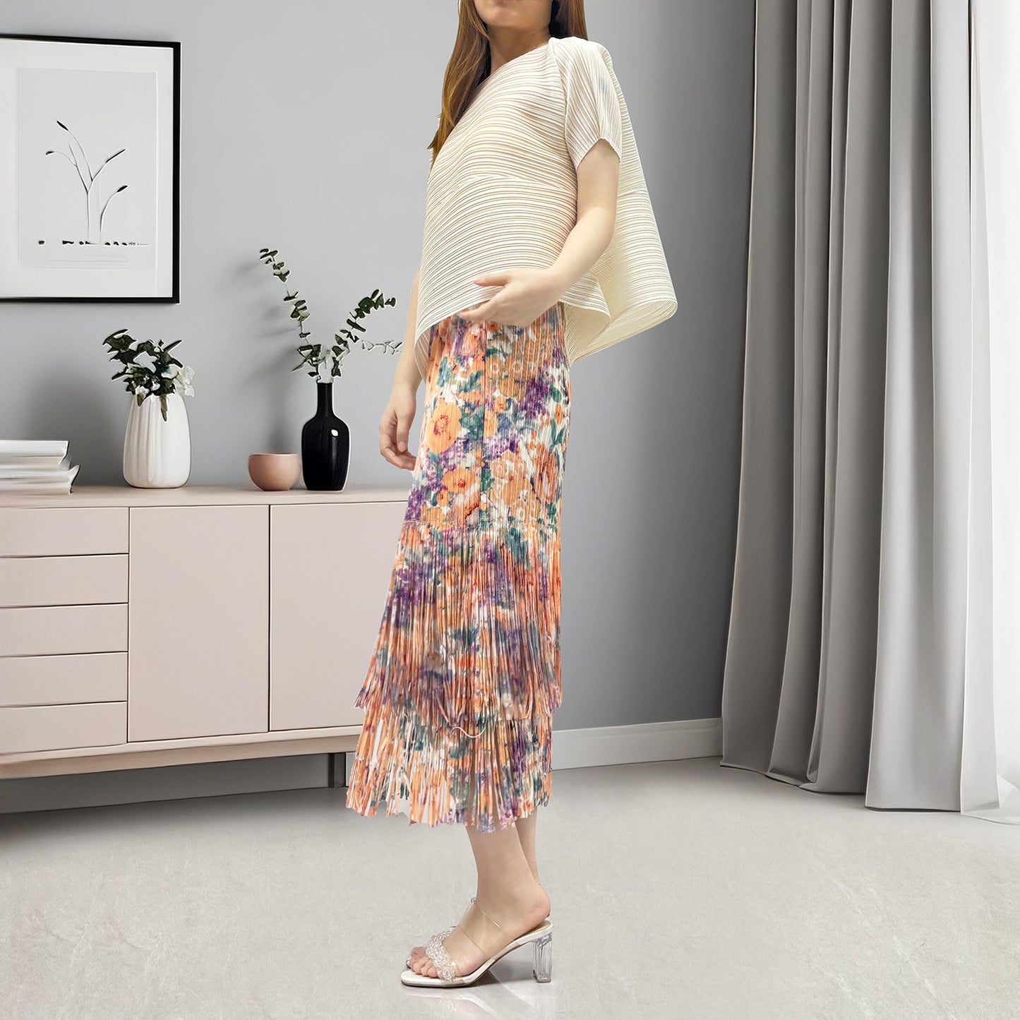 hot-selling suit women's two-piece set summer temperament commuter short-sleeved T-shirt printed fringed hip skirt