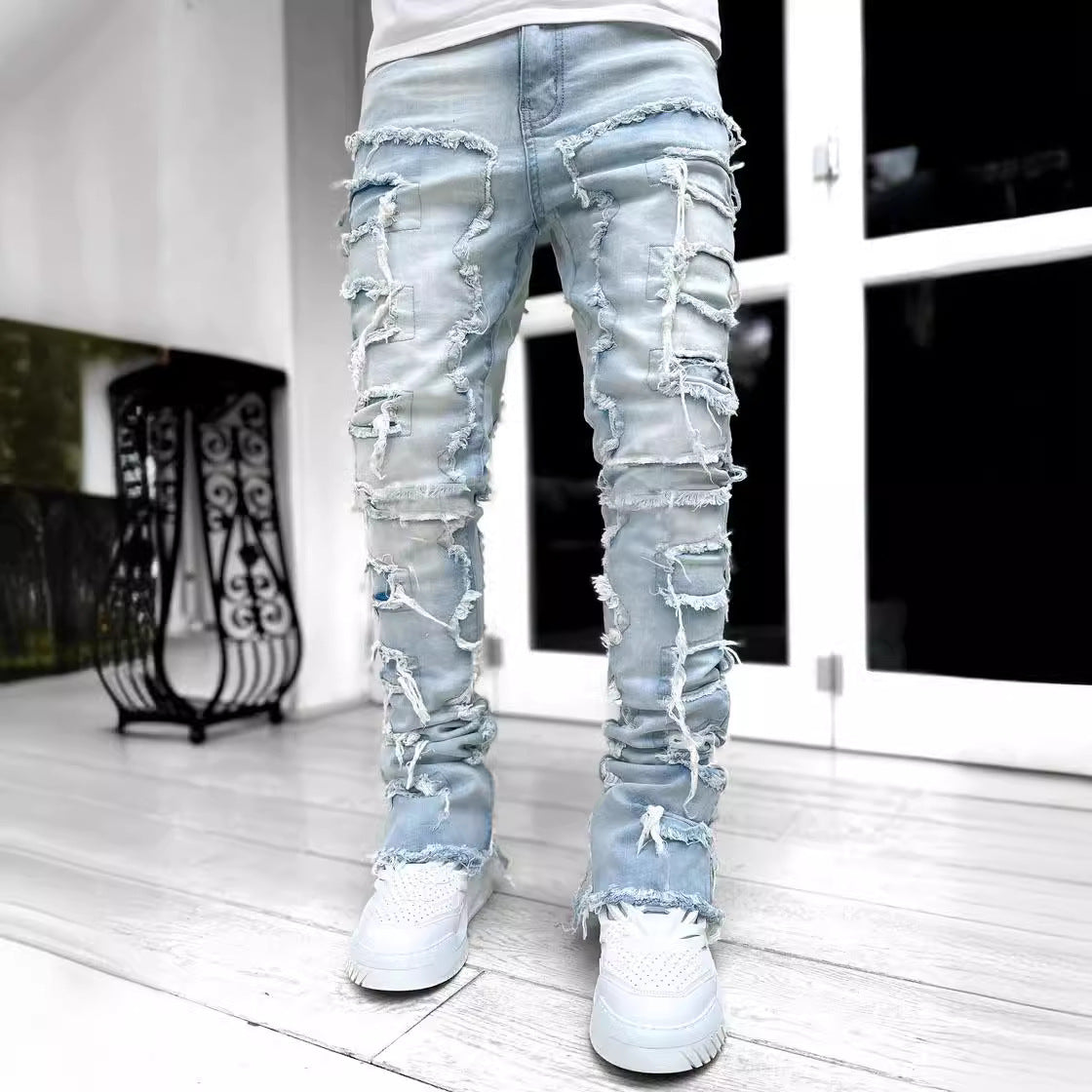 2025 Cross-border new men's denim straight pants, 2025 street fashion ins popular elastic sticker denim straight pants