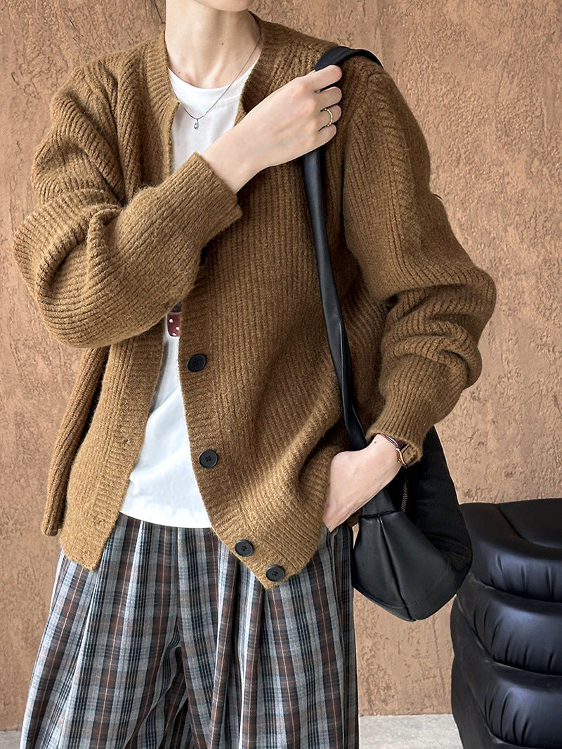 2025 popular autumn new knitted jacket Korean version crew neck single-row button lazy wind knitted sweater 302-1