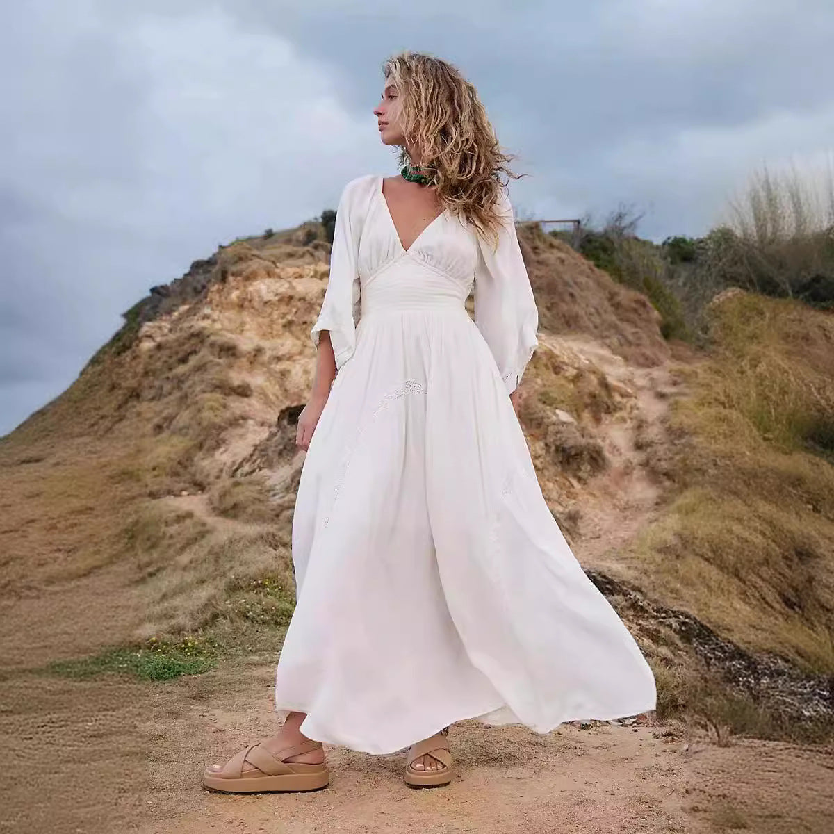 qgtao pop culture dress to impress New Solid Color Long Fashion Sexy V-neck Tight Waist Fashion Snow Chiffon Dress