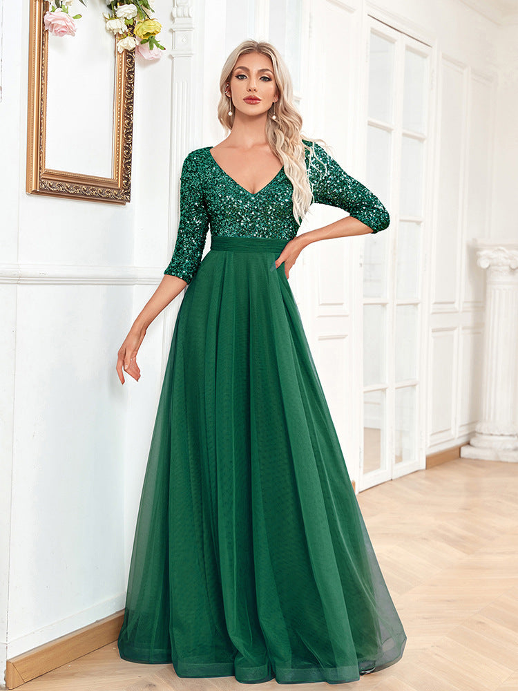 2025new V-neck short-sleeved sequined tulle A-word landing elegant dance evening dress fashion party dress