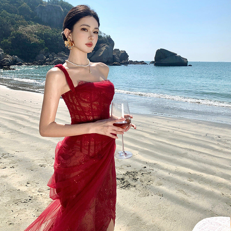2025 Christmas rose vibe retro red temperament sexy tube top suspender mesh dress annual meeting robe long skirt