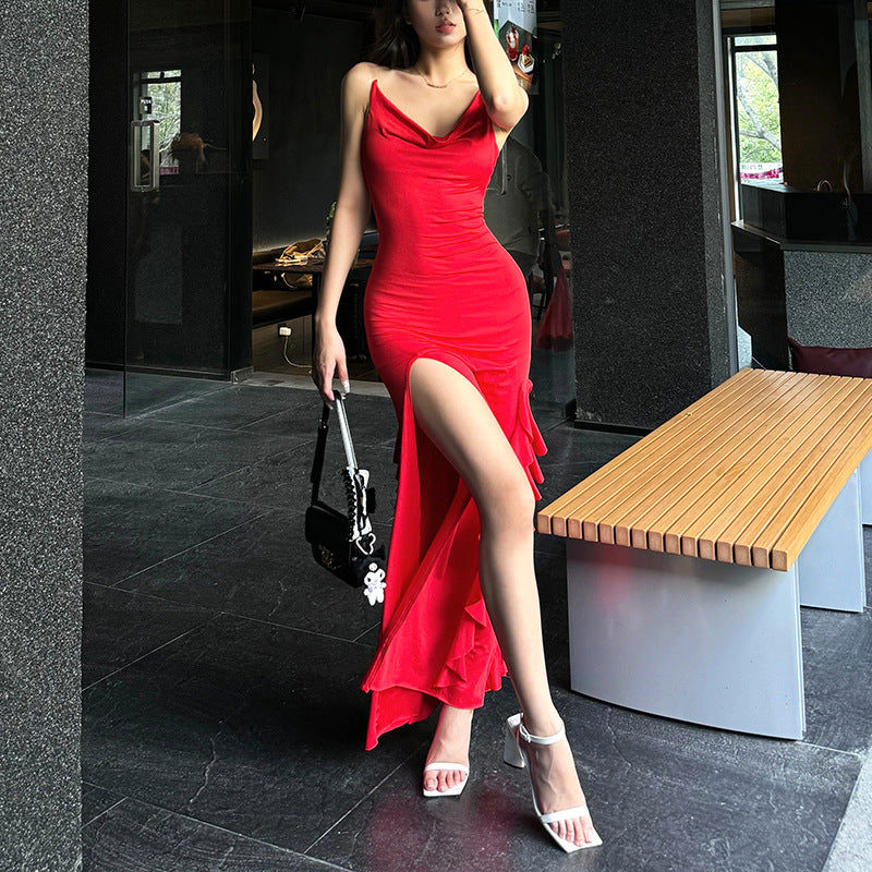 2025 style spring new women's clothing red slim-fitting long dress high split fork thin shoulder strap design dress