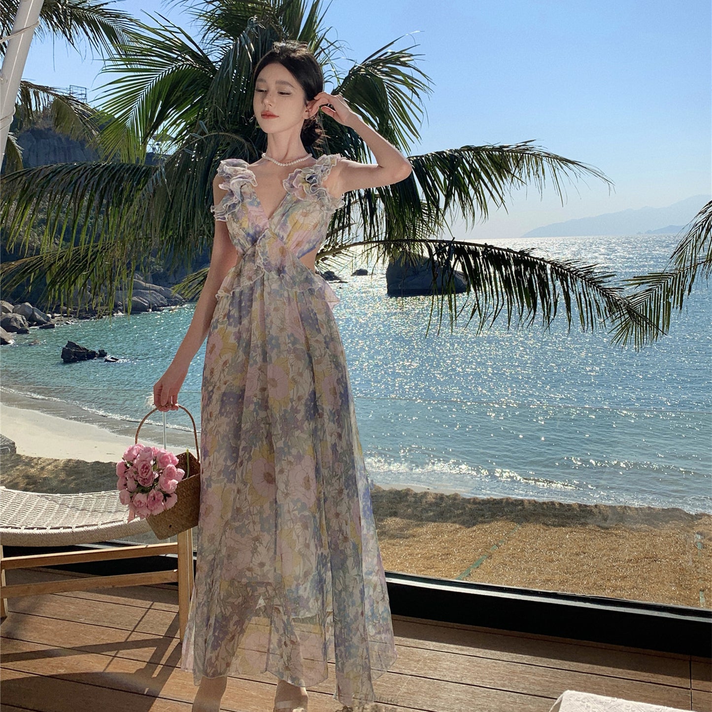 2025 coffee break summer dopamine print beautiful floral suspender dress women's seaside vacation dress beach dress