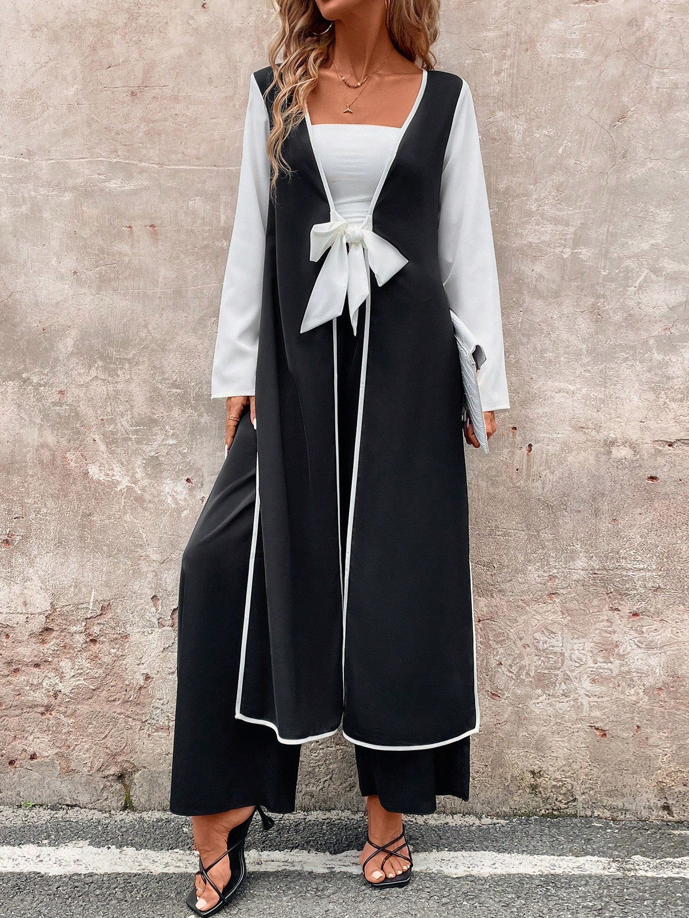qgtao uniforms dress to impress Women's Fashionable Casual Long Contrast Color Cardigan Lace-up Side Slit Top Wide Leg Trousers Suit