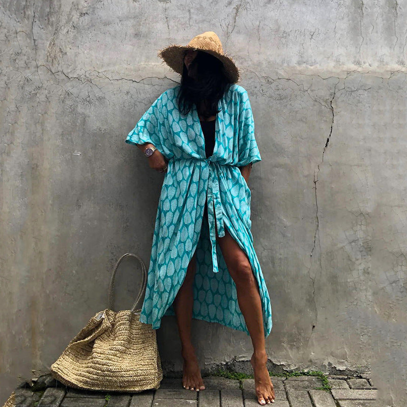 2025 new cotton leaf print beach blouse sexy cardigan style vacation sunscreen shirt dress