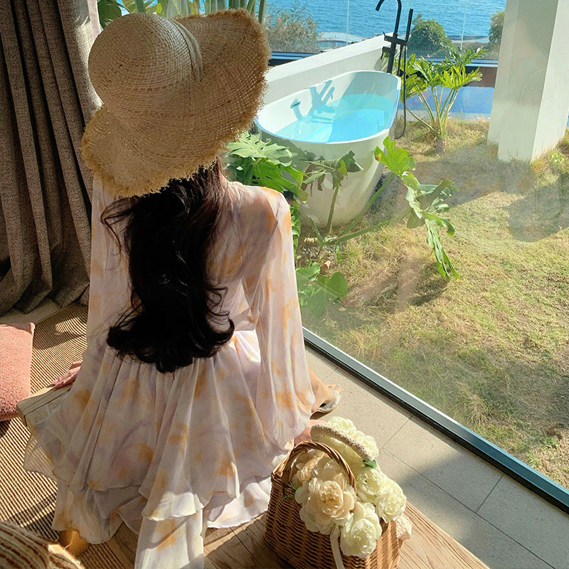 2025 Super fairy photo good-looking purple V-neck chiffon floral dress waist fairy cake short skirt seaside vacation