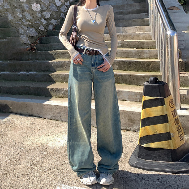 qgtao 90s streetwear Jinyin American Retro High Waist Distressed Loose Wide Leg Pants Early Autumn New Straight Jeans Trousers Lengthened