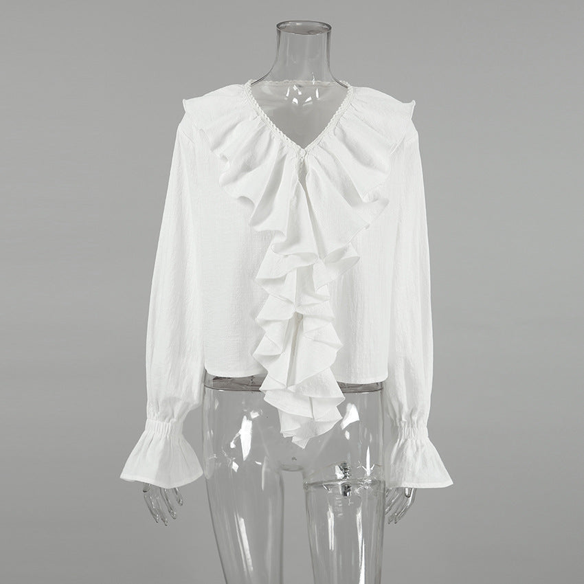 2025 popular pure cotton lace fashionable and sexy V-neck shoulder sleeves autumn and winter retro niche ruffle edge women's shirt