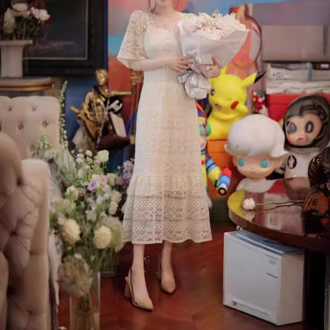 Popularan Station 2025 Spring New Sanya Seaside Holiday Long Dress Super Immortal Temperament Waist White Lace Dress