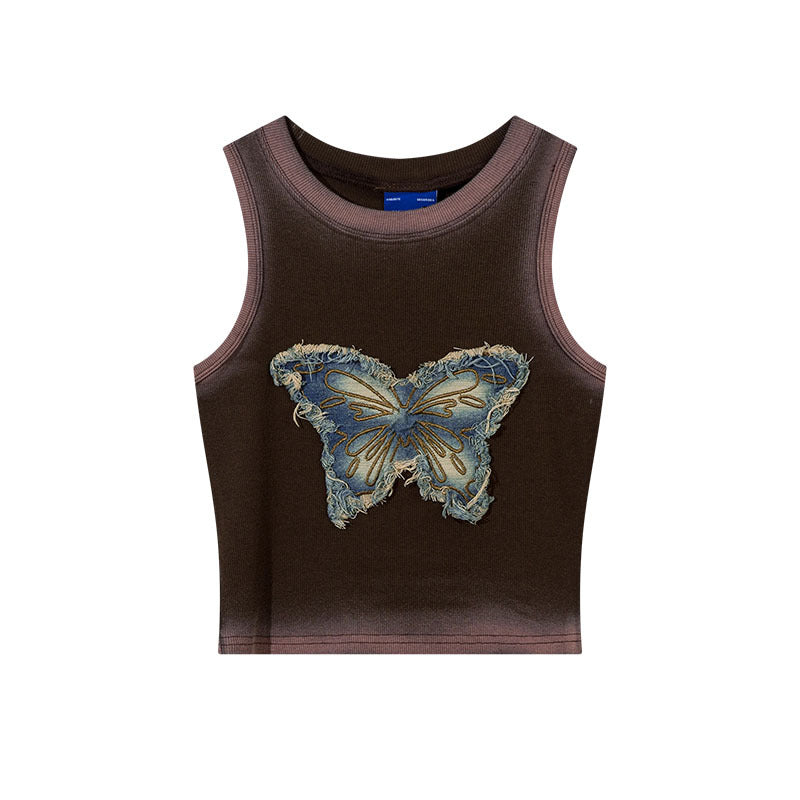 qgtao 2000s fashion Tkpa American Hot Girl Style U-Neck Camisole Women's Summer Butterfly Patch Embroidered Retro Vest
