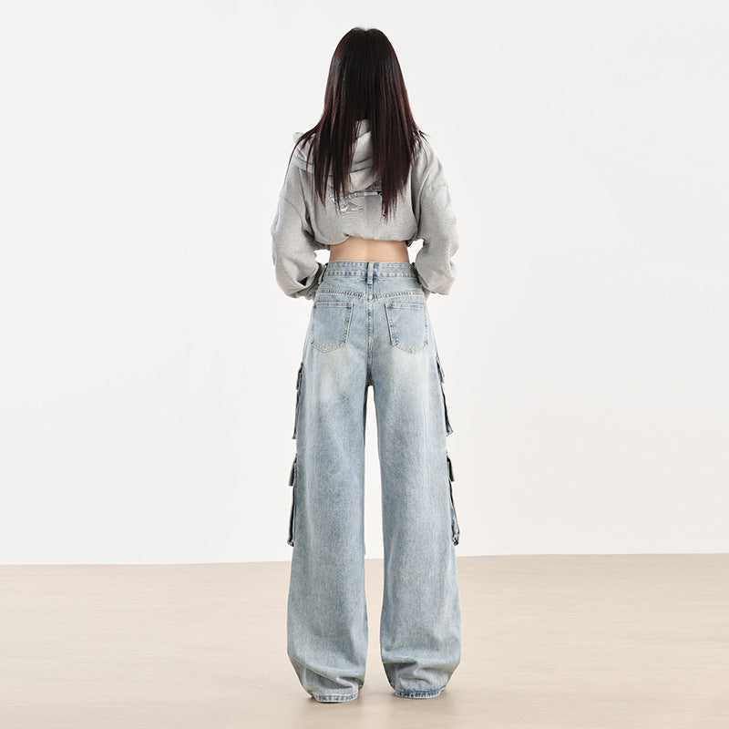 2025 n light blue multi-pocket tooling jeans women's autumn popular new high-waisted straight loose wide-leg pants
