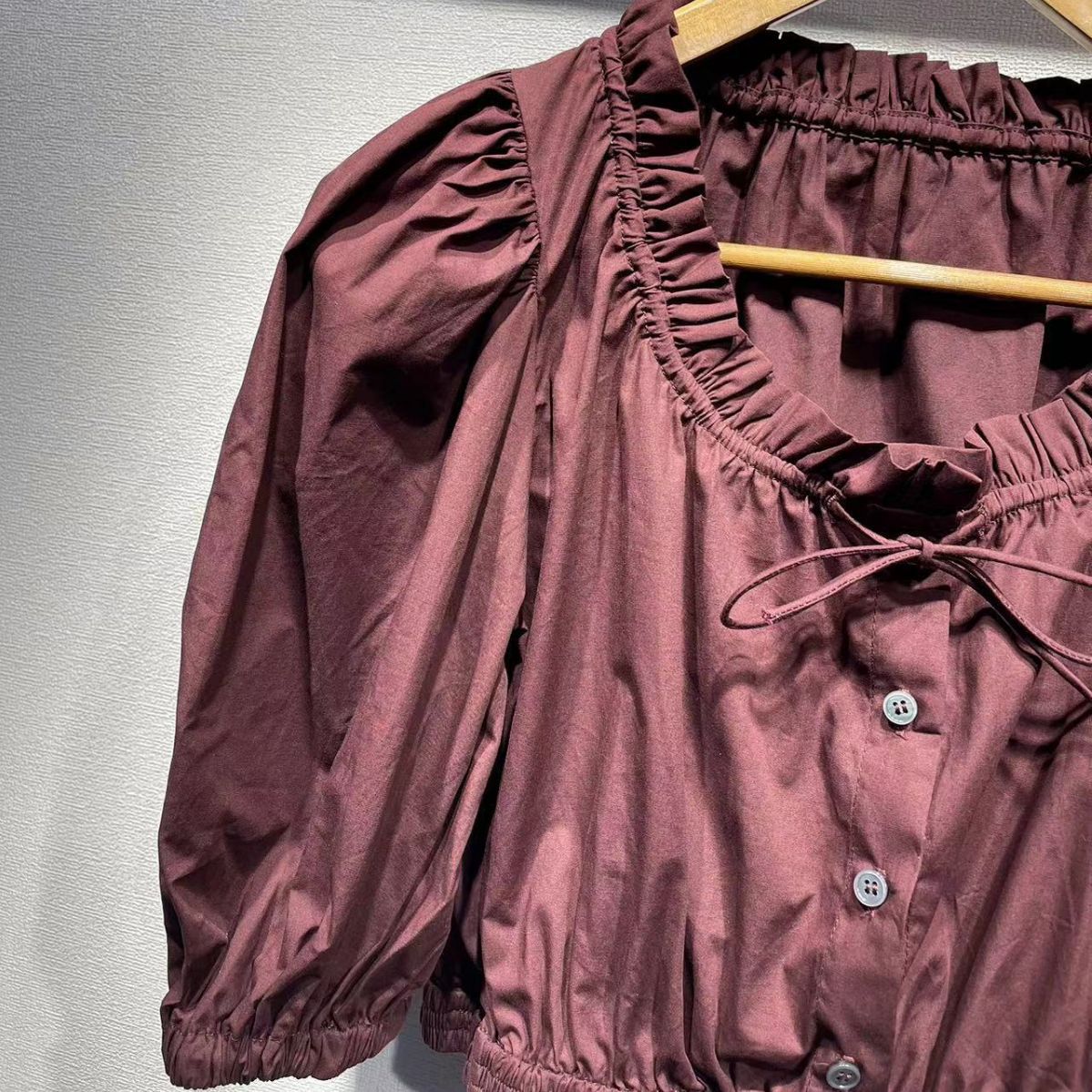2025 n women's clothing SE fuchsia bubble sleeves poplin pure cotton short-sleeved lace-up top ultra-short waist shirt summer